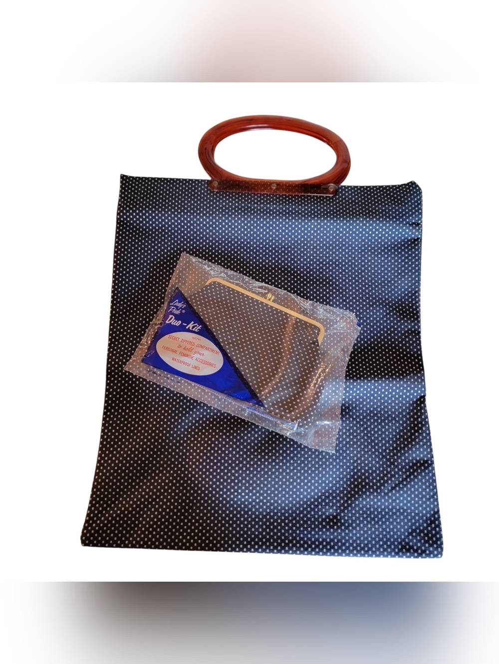 NOS Vintage 1970s Lady’s Pride Navy Polka Dot Foldable Tote Bag Lucite Handles - Picture 2 of 5